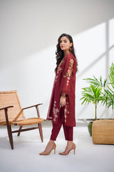 DC-0414 MAROON 2PCS  EMBROIDERED KURTA WITH TROUSER